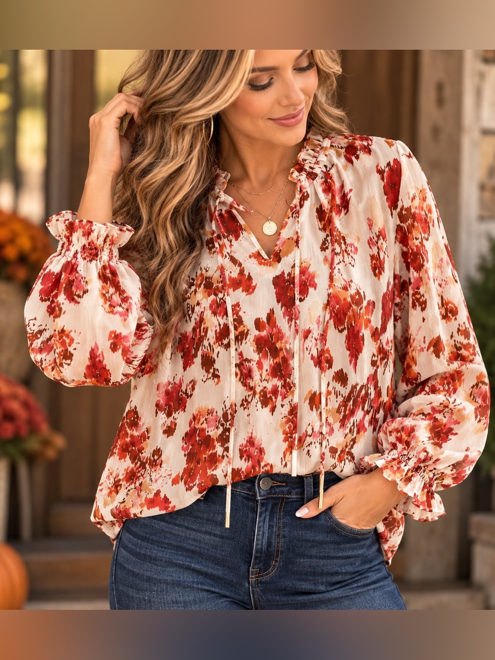 Floral Ruffle Neck Tie Blouse Size L Rust Red Boho Long Sleeve